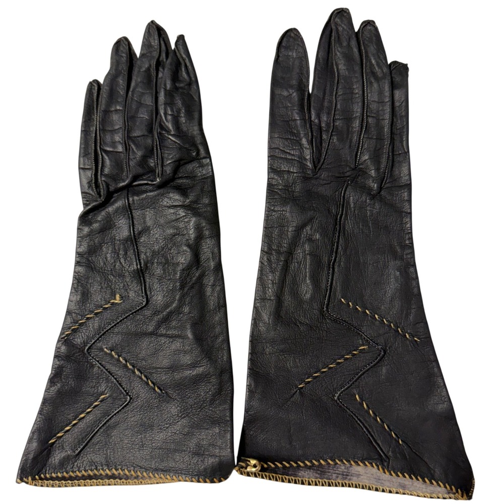Vintage Black Leather Gauntlet Gloves Contrast Stitching Womens Size 6.5